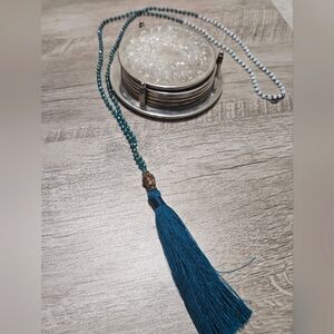 Zacasha long tassel beaded necklace in teal